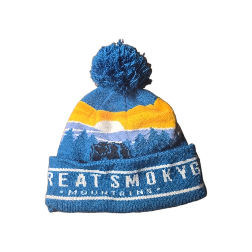 Great Smoky Mountains National Park Knit Beanie Hat Blue Pom Bear Cuffed